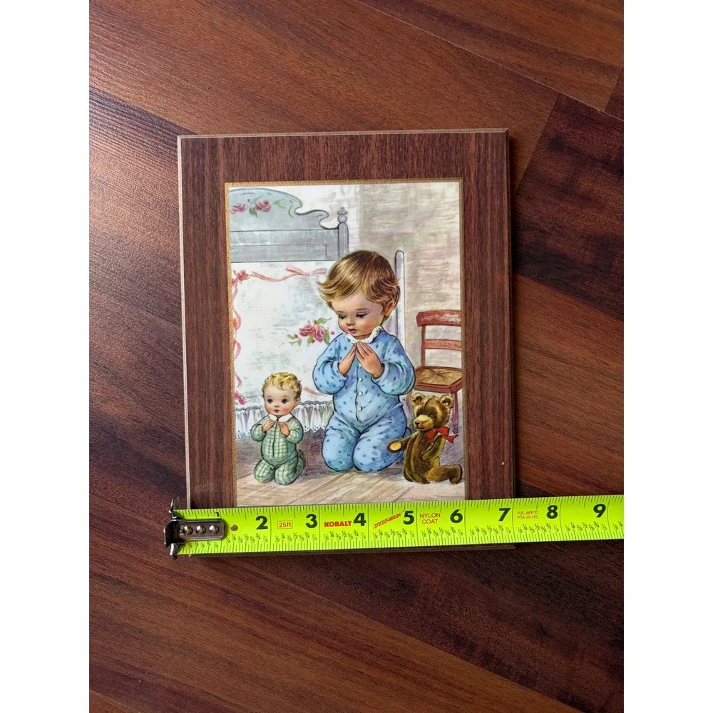 Vintage Wood‎ Plaque Children Praying Mid Century Nursery Wall Art 8x10 Retro